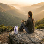 Person sitting on a mountain top with a scenic view, holding a mug and a bag of Esprelle Colombia Single Origin coffee.