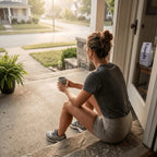 Woman sitting on a porch holding an Esprelle Colombia Single Origin coffee, looking out at a suburban neighborhood.