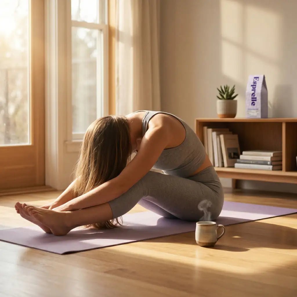 Woman Enjoying Esprelle Colombia Single Origin Coffee While Doing Yoga