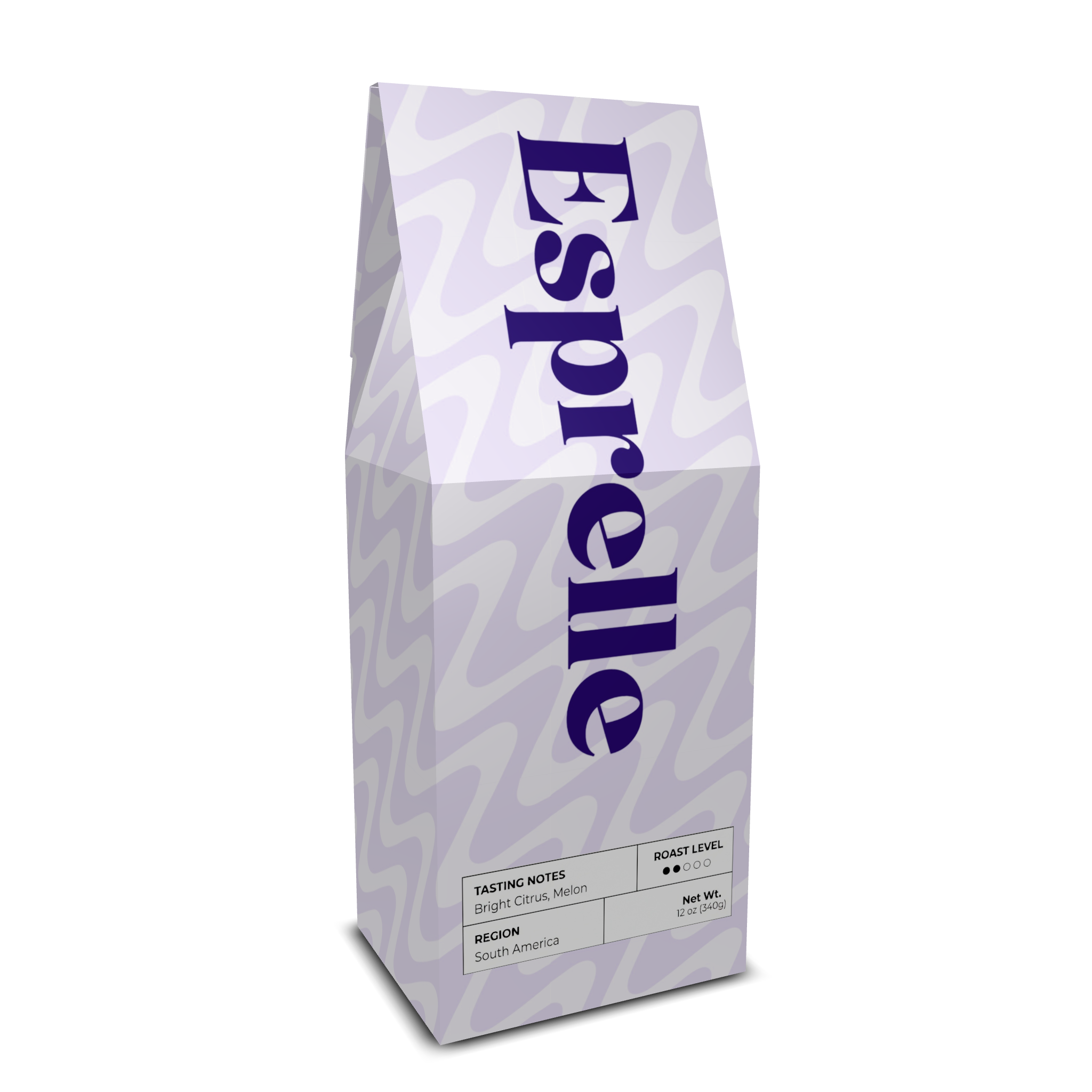 Esprelle coffee bag with purple text on a white background