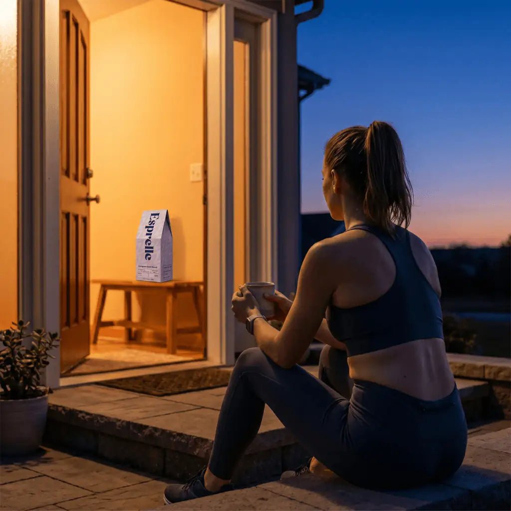 Woman sitting on a step holding an Esprelle decaf coffee cup, with a door open to a room in the background.