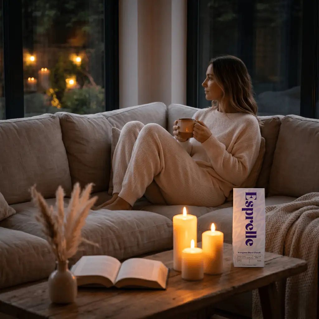 Woman sitting on a couch holding a mug of Esprelle decaf coffee in a cozy living room with candles and a book.