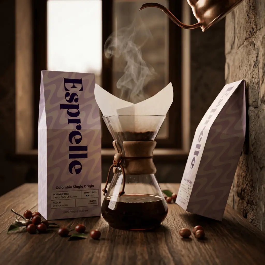 Esprelle coffee bag with a Chemex coffee maker and coffee beans on a wooden surface.