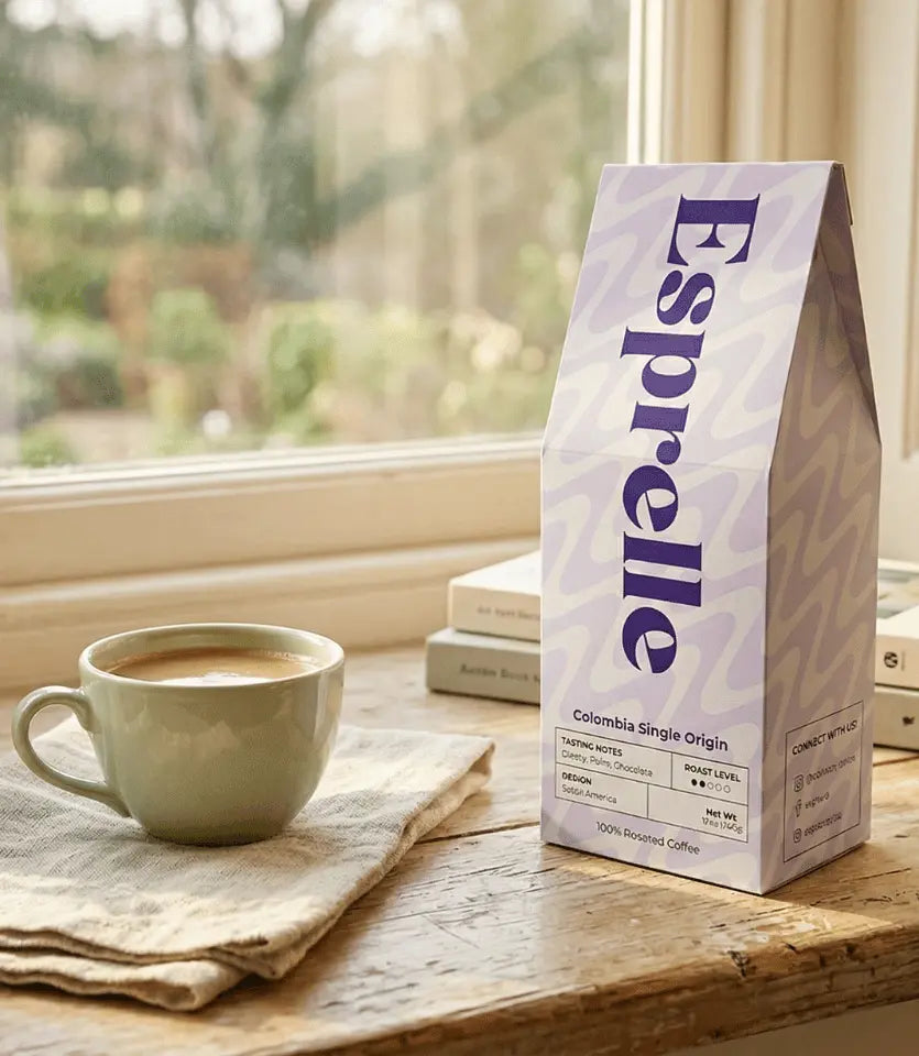 Esprelle coffee package on a wooden table with a cup of coffee and a window in the background