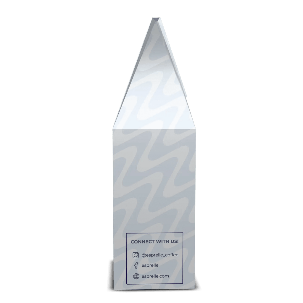 Espresso pod packaging with brand logo and social media information on a white background