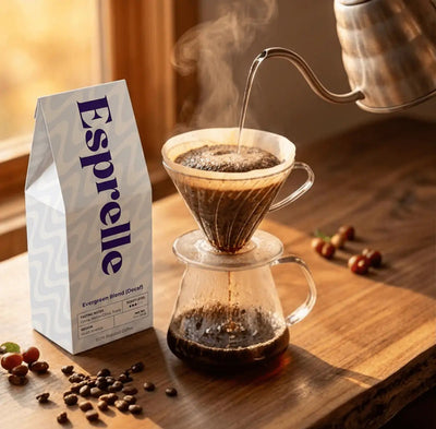 Esprelle coffee bag with a pour-over coffee setup on a wooden surface.